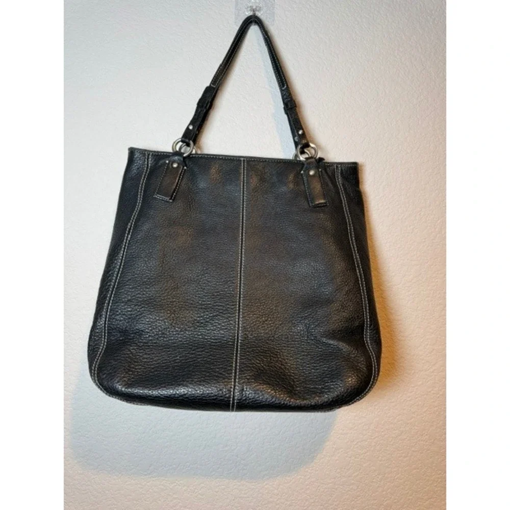 Ann Taylor Black Pebbled Leather Tote Bag White Contrast Stitch Shoulder Bag